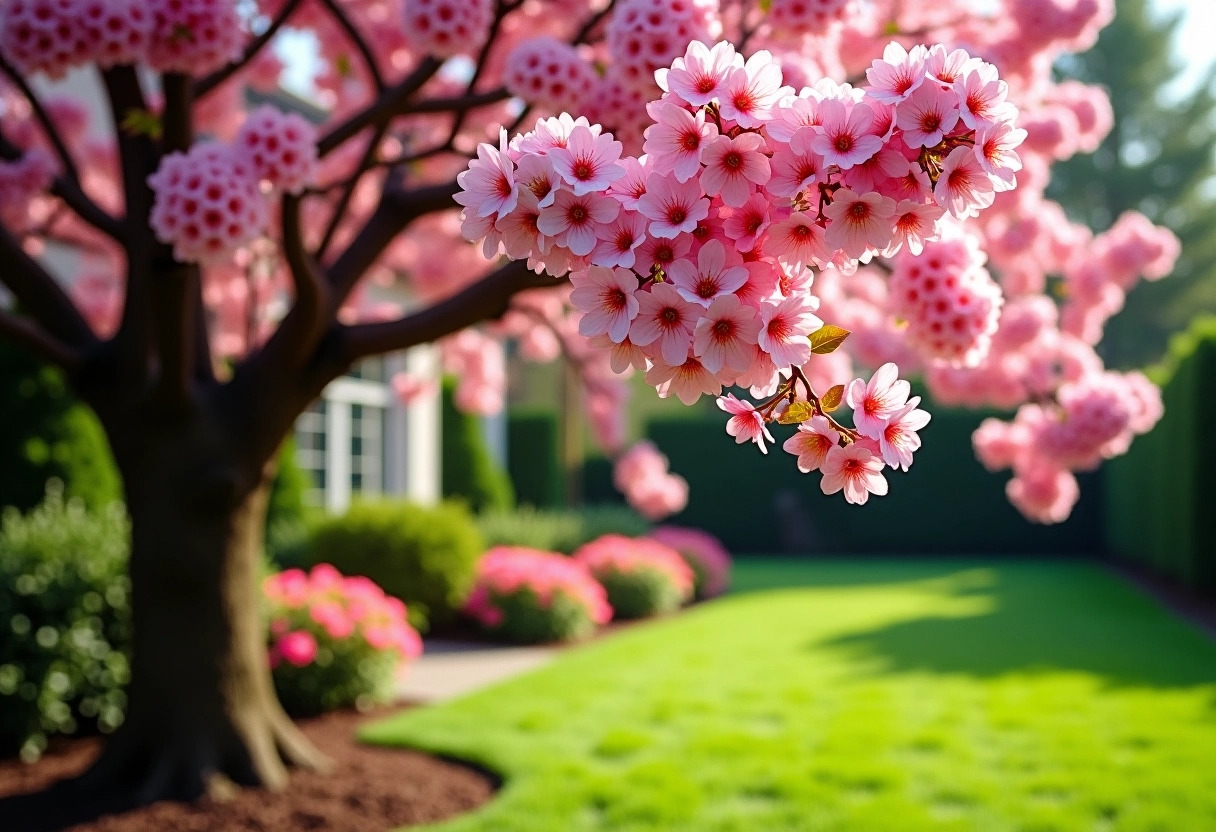 arbre fleurs roses